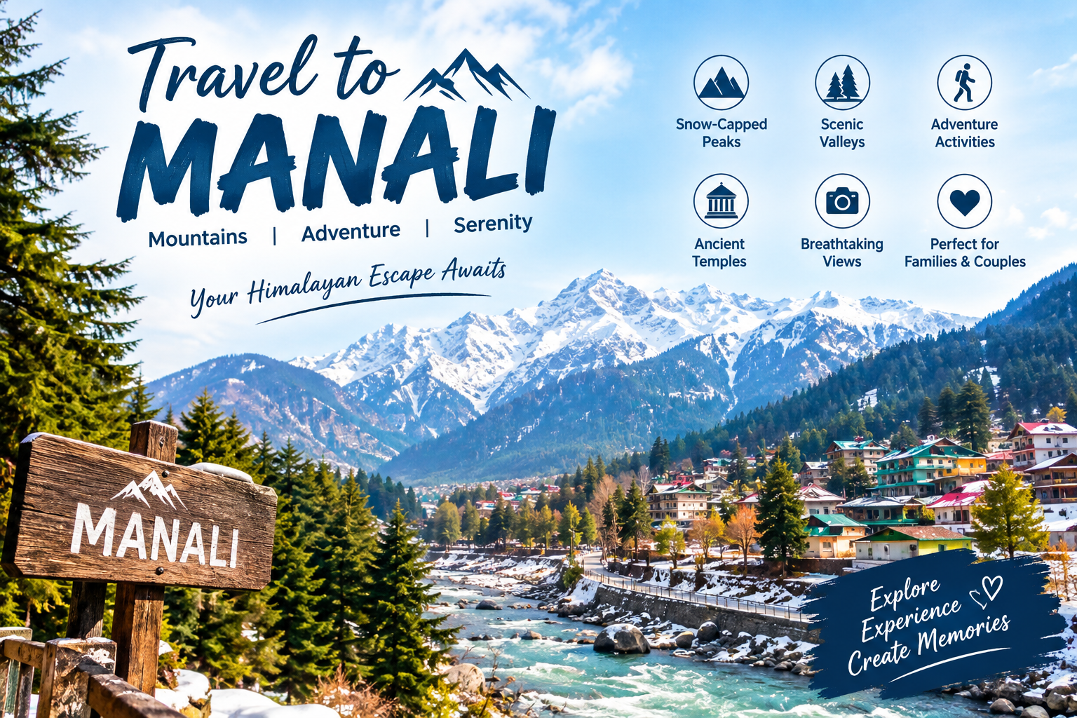 Travel to Manali with snow-capped Himalayan mountains, scenic valleys, pine forests, Beas River and colorful mountain town.